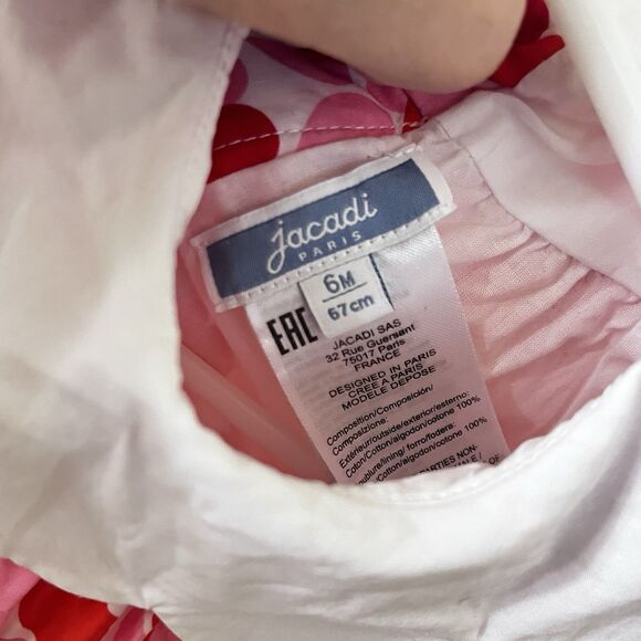 Jacadi Paris Scallop Collar Pink Red Heart Bubble Romper Girls Size 6 Months - Picture 6 of 9